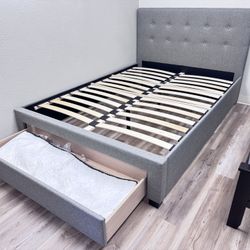REDUCED Platform bed Frame brand new in box Grey Fabric with Storage Drawer Queen $258 Full $238
