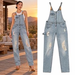 Light Wash Distressed Denim Overalls