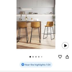 Aowos Bar Stools Set of 3, 26in Counter Height, Whiskey Brown Faux Leather