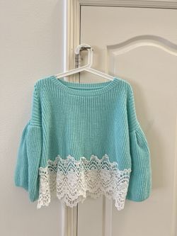 Aqua Lace-Hem Pullover Sweater
