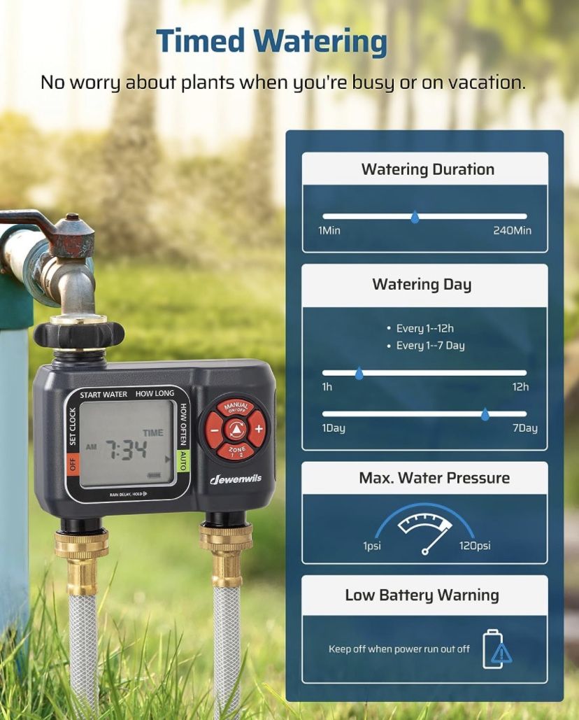 DEWENWILS Sprinkler Timer 2 Zone, Water Hose Timer with Rain Delay/Manual