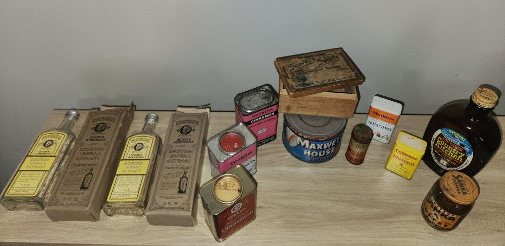 Lot of Vintage Branded Tin Cans, Glass Jars, Glass Bottles And Wooden Box