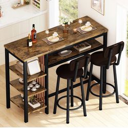 Counter Height Dining Set - Bar Table and 2 Upholstered Stools with Storage Shelves, Kitchen Breakfast Nook Pub Set