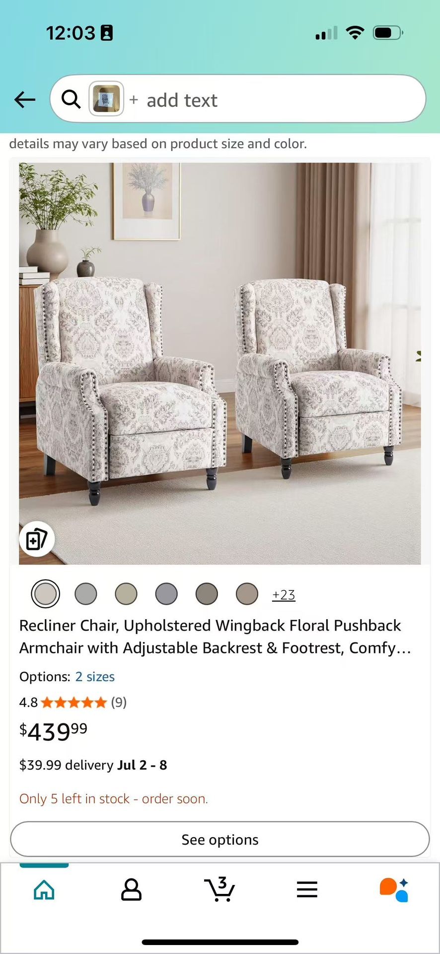 UIXE Floral Pushback Recliner Chair, Fabric Upholstered Armchair Push Back Accent Chair for Living Room