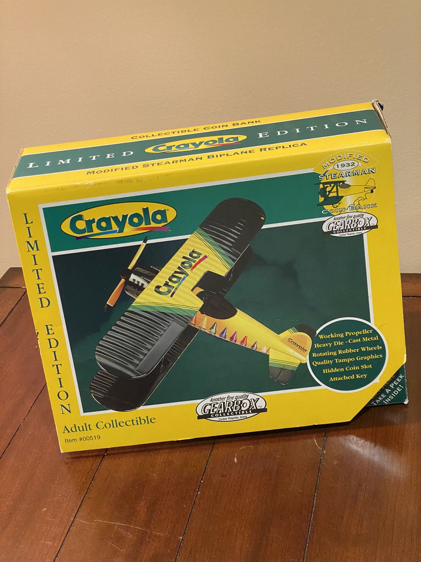 Crayola 1932 Stearman Biplane Airplane Replica Coin Bank NIB