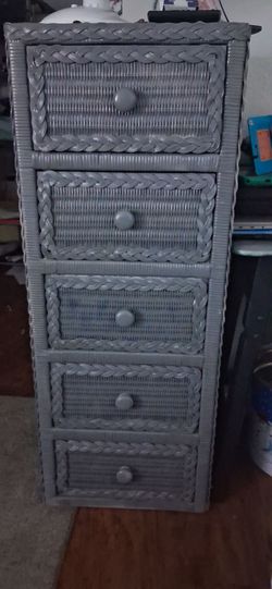 Gray Wicker 5-Drawer Storage Tower