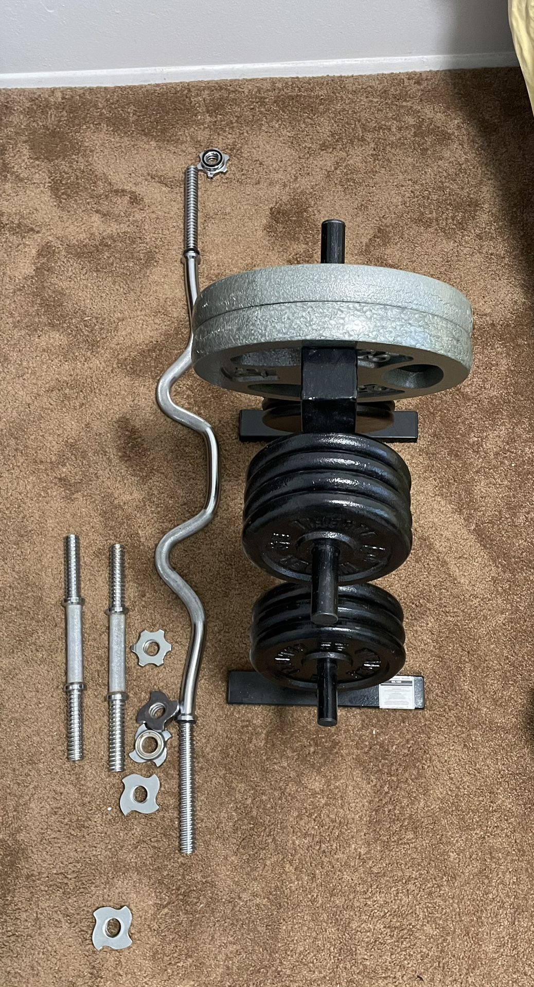 Curl bar, Weights, Plate Rack