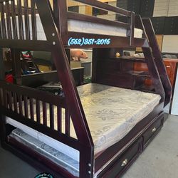 Twin/Full/Full Pinewood Bunk Bed W/ Storage Dresser