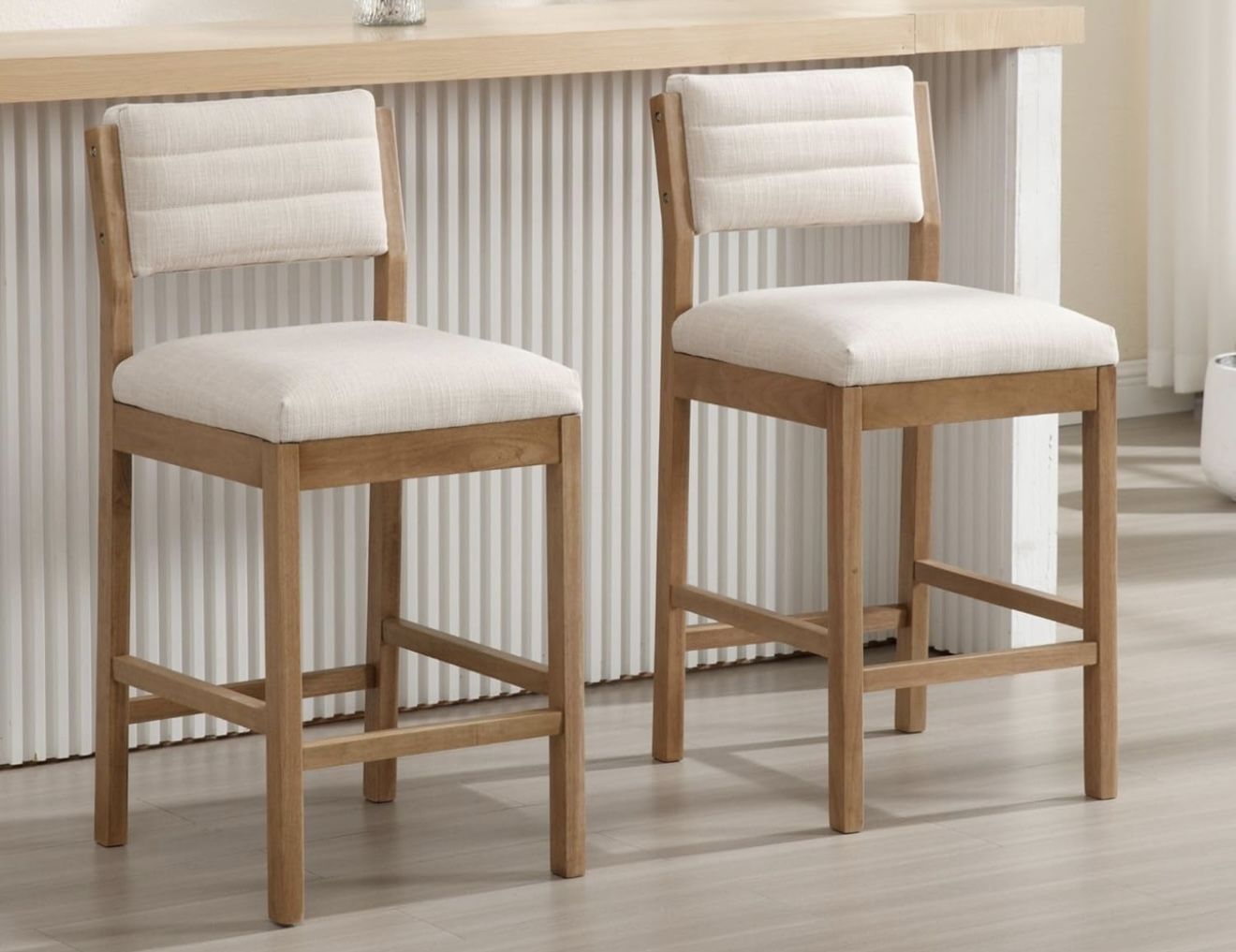 HNY Modern 26.5" Bar Stools Set of 2 Beige Linen Upholstered Counter Stools with Backs Counter Height Island Stools with Solid Wood Frame