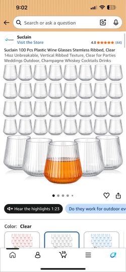 Suclain 100 Pcs Plastic Wine Glasses Stemless Ribbed, Clear