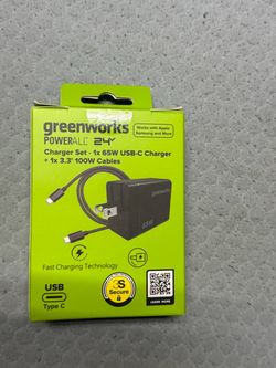 the Greenworks PowerAll 24V Charger Set with a 65W USB-C Charger Block and 3.3-foot 100W USB-C Cable
