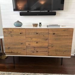 West Elm Media Console White lacquer top and reclaimed wood 