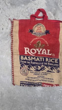Unique vintage-style tote bag made from an authentic Royal Basmati Rice burlap sack.