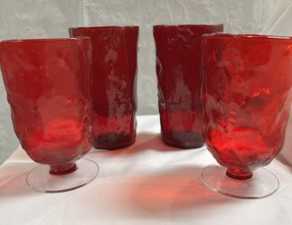 Vintage Ruby Red Morgantown Crinkle Glass Footed Tumbler (2) Glasses And Ice Tea/Water Glasses (2)