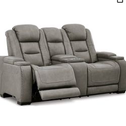 Ashley Furniture The Man-Den Gray Power Reclining Loveseat with Console