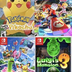 Nintendo Switch Games 1.Pokémon let’s go  Pikachu.   2. Pokémon Snap  3.Mario cart deluxe.   4.Luigi mansion .    30 Bucks  Each Game