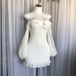 White Smocked Ruffle Trim Mini Dress Size S