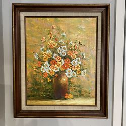 Large Vintage Floral Acrylic Painting. Framed Canvas Painting. Warm Colors MCM Mid Century Decor Thumbnail
