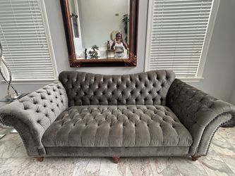 American Signature Grey Velvet Tufted Sofa - Chesterfield-Style Rolled Arms