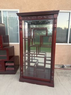 Vintage Chinese-Style Wood Display Cabinet Set – Glass Doors & Decorative Shelving