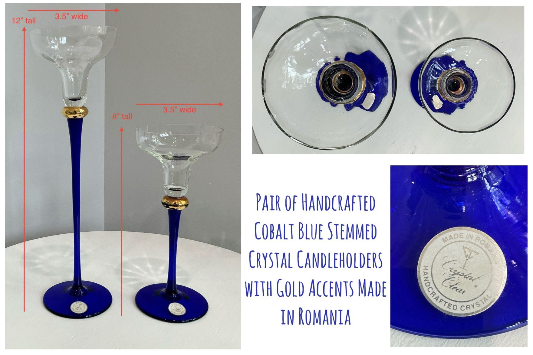 Pair of Handcrafted Cobalt Blue Stemmed Crystal Candleholders with Gold Accents Made in Romania