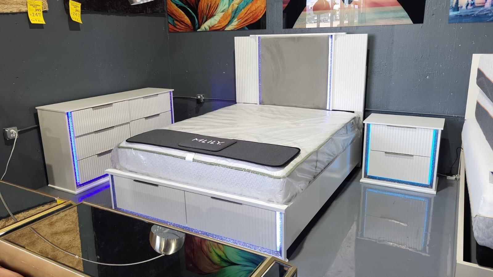 QUEEN BED WHITE LED LIGHT WITH TWO STORAGE