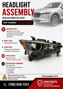 2017-2021 MAZDA CX-5 OEM RH LED HEADLIGHT. PASSENGER SIDE. LADO DEL PASAJERO.