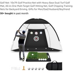 Golf Net: 10x7ft Golf Practice Net with Heavy Base Dual-Turf Golf Mat, All-in-One Mult-Target Golf Hitting Net, Golf Chipping Training Nets for Backya
