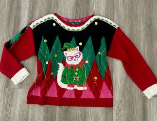 Ugly Christmas Sweater with Cat Elf Design Sz L