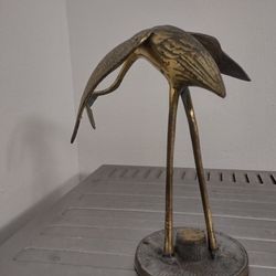 Vintage MCM Brass Crane Egret Heron Coastal Bird Statue Sculpture Natural Patina