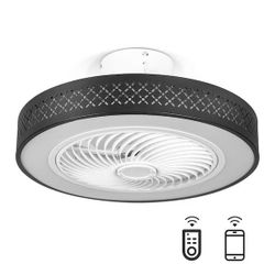 TOZING 20 in. LED Indoor Black Dimmable Matte Modern Cage Low Profile Flush Mount Ceiling Fan Light with Remote Control and App