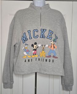 Disney Mickey And Friends Quarter Zip Sweatshirt Womens XL Gray Cropped Pullover