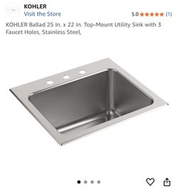 KOHLER Ballad 25 In. x 22 In. Top-Mount Utility Sink with 3 Faucet Holes, Stainless Steel