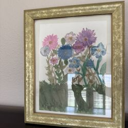 Hand painted wildflower watercolor art in solid wood frame, frame is missing one piece on back, but is beautiful leaning! Pet and smoke free home. Pic