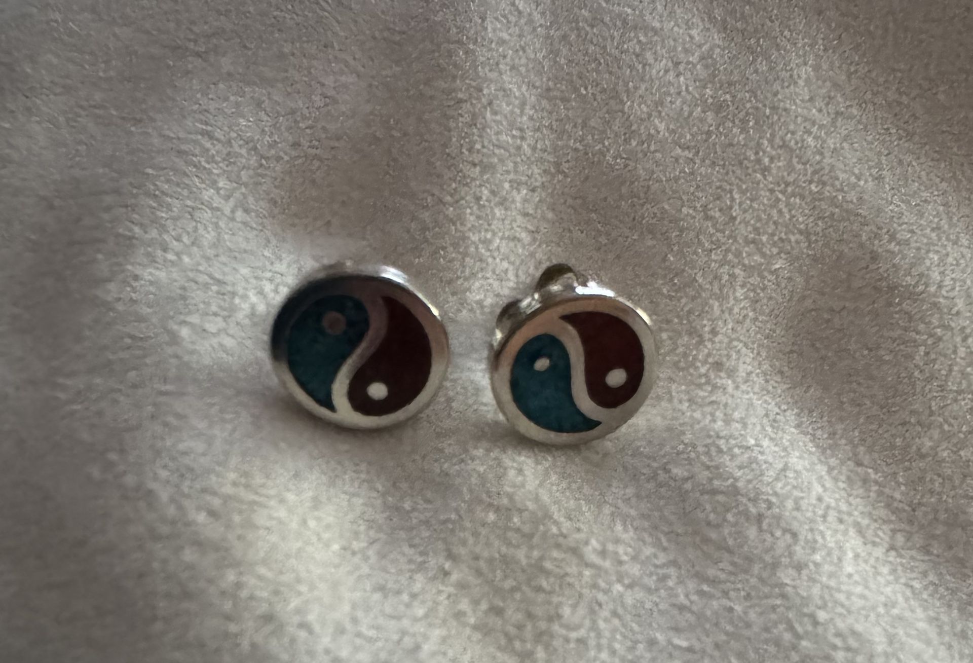 Vintage Native American Sterling Turquoise & Coral Yin Yang Stud Earrings 