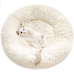 Fluffy Pet Bed- Dog Bed for Small Dogs with Round Donut Shape, Machine Washable-23.62 x 23.62 x 1.18 inches, Black and White (Shipping)