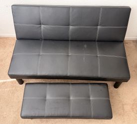 Black Faux Leather Futon Sofa Bed + Ottoman