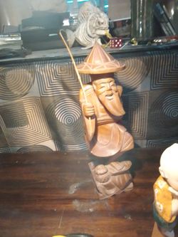 Vintage Hand-Carved Wood Asian Fisherman Statue (with Bamboo Rod)