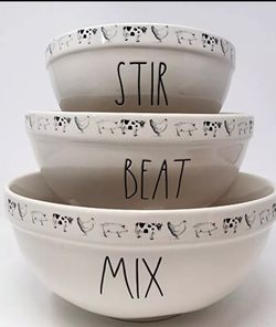 Rare Rae Dunn Farmline Mixing Bowls 3-piece Set Farmhouse Bowls