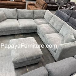 Light Grey Sectional Sofa And Ottoman, Sectionals, Sofa, Couch, Plush Sectional, Living Room Sofa, Sectionals, L-Shaped Couch, Corduroy Couch
