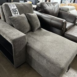 STORAGE Chaise Sofa - BRAND NEW with Storage Under Seating And Built In Shelves On Side!  Rich Gray Fabric (Reg. $400)