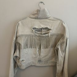 Light Blue Distressed Rhinestone Fringed Cropped Denim Jacket