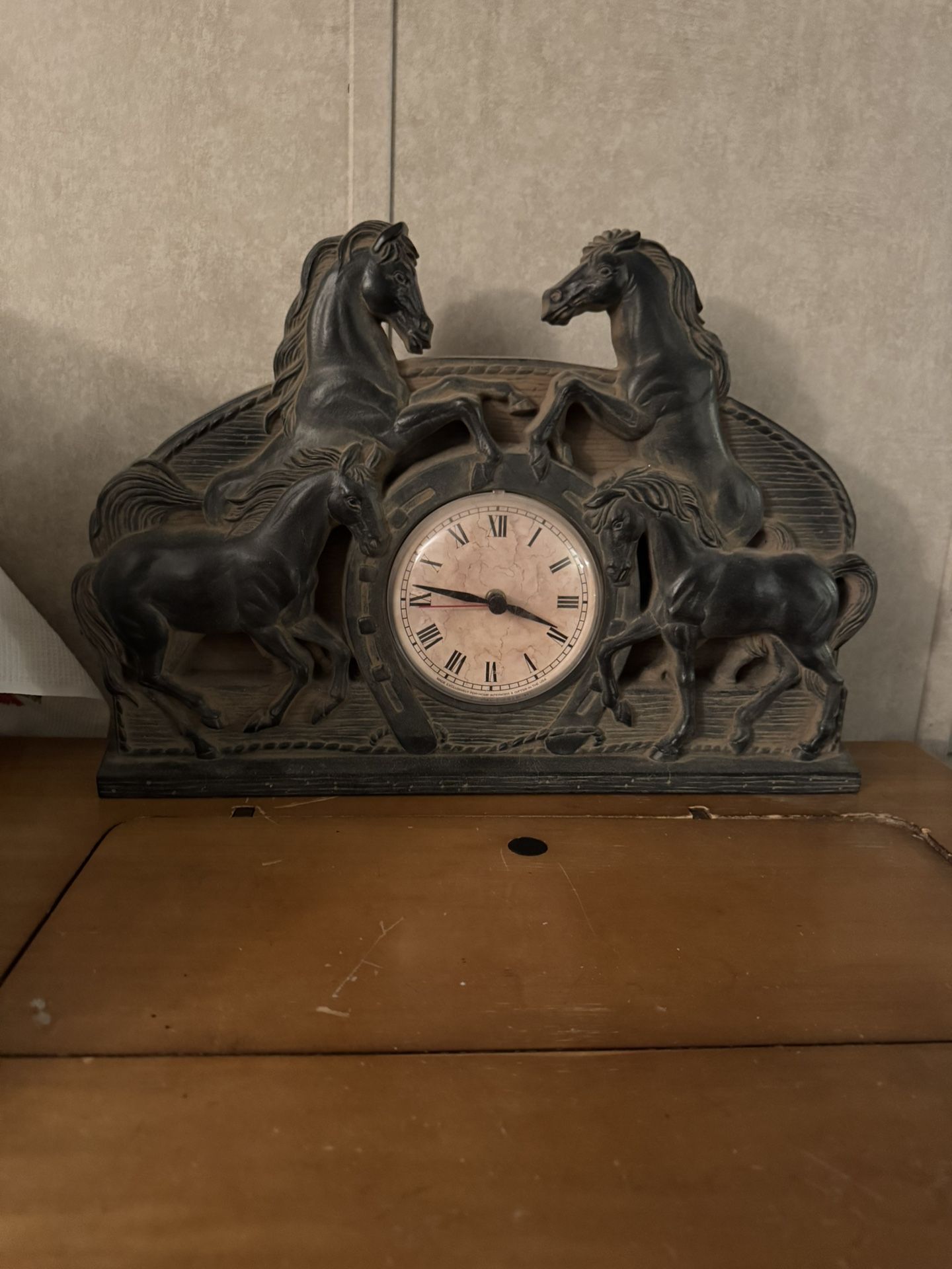 Black Antique Textured Clock With Wild Horses