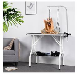 36'' Dog Grooming Table, Pet Foldable Grooming Table w/Double Loops/Mesh Tray/Adjustable Arm, Black