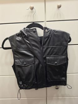 Black Faux Leather Hooded Cargo Vest Sleeveless Moto Jacket