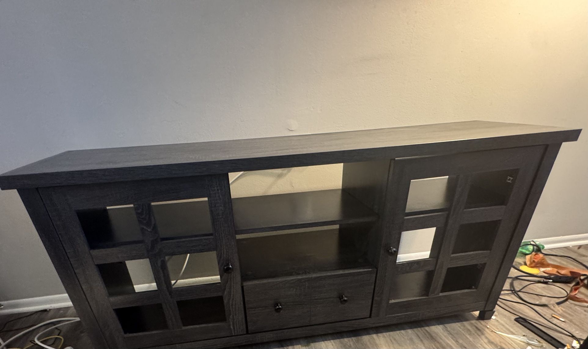 Espresso, gray TV stand with two glass doors and pull out drawer
