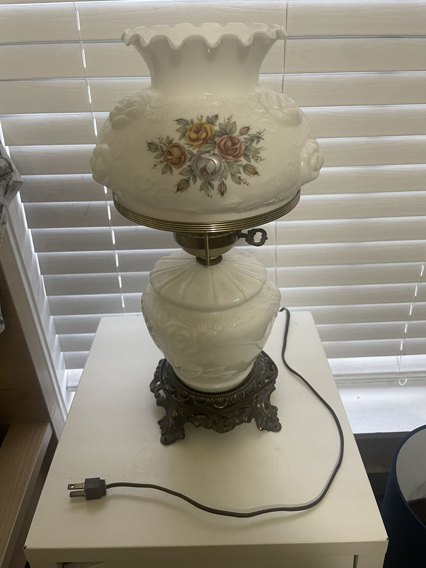 Vintage Fenton Embossed Roses Milk Glass Table Lamp Puffy Rose Design Parlor