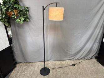 Modern Black Floor Lamp w/ Flax Hanging Shade