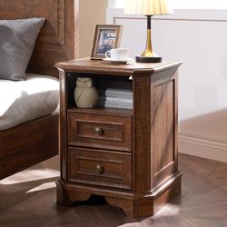 Set of 2 Farmhouse Nightstand with Charging Station," End Table with 2 Drawers, Wood Side Table, Bedside Cabinet (Brown)