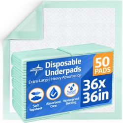 Medline Super Absorbent Underpad, 36" x 36", 50 Count, Extra Large Disposable Incontinence Pads, Protective Bed Pads, Chucks, For Kids, Adults@B7-636